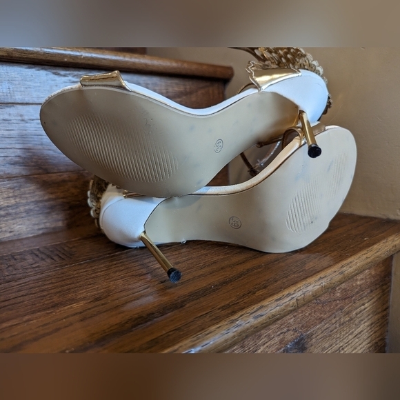 Butterfly pumps Gold Peep Toe Stiletto High Heels Sz 8.5 EU 39 - Picture 10 of 12